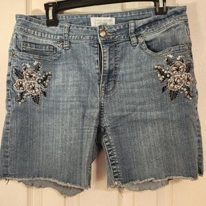 Level 99 Women's Blue Jean Shorts with Floral Embroidery